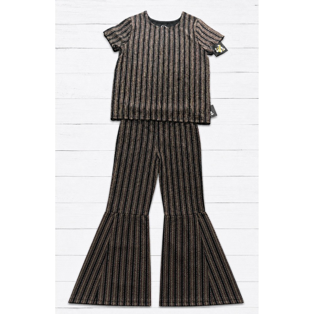 Kids Art Class 2 Piece Set Metallic Striped Bell Bottom Pants Top Sparkly L/XL
